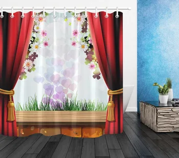 

LB Landscape Shower Curtain with Brick Wall Hearts And Red Curtain Waterproof Luxury Bathroom Polyester Fabric For Bathtub Decor