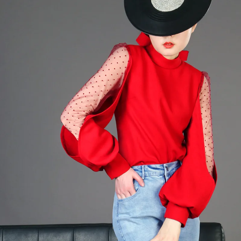 

LANMREM 2019 New Fashion Transparent Lace Lantern Long Sleeve Pacthwork Knit Shirt For Women Female's Turtleneck Blouse YG683