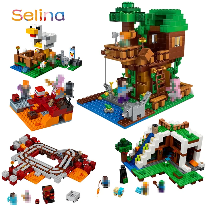 

My World Village Adventures Tree House Waterfall Building Blocks Model Bricks LegoINGlys Minecrafted Skeleton Figures Toys DIY