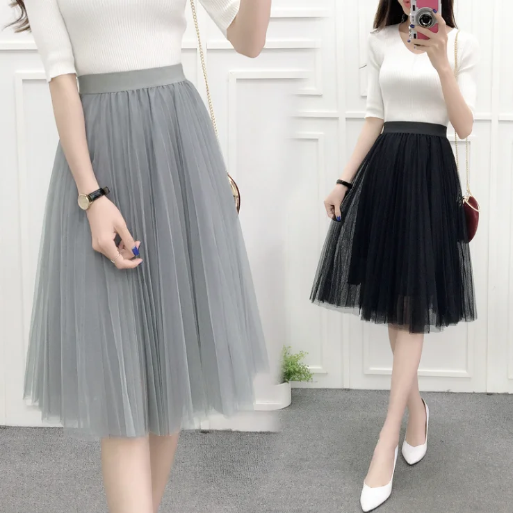 Весна и лето стиль Корейская Высокая талия плиссированная кружевная юбка сетка тонкая юбка