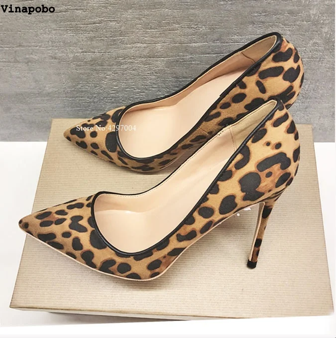 Vinapobo High Heels Leopard Shoes Women Stilettos Pumps Office Lady Pointed Toe Flock Sexy 12 cm Wedding Shoes Sapato Feminino