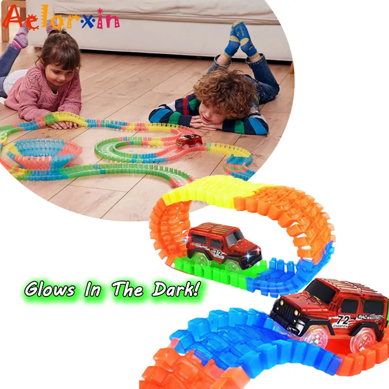 

Kid Colorful Plastic Race Track LED Car Children Assembly Toy Bend Flex Glow Rails Racing Roller Coaster Toys Racing Track Set