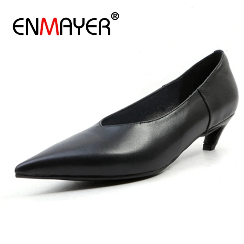 

ENMAYER 2018 Women Pumps Shoes Genuine Leather Pointed Toe Slip on Thin High Heels Ladies Shallow Office Pump Shoes Woman CR594