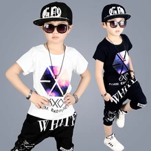 Летняя Одежда для танцев с надписью для мальчиков детская одежда из 2 предметов комплект одежды в стиле хип-хоп,, детский хлопковый спортивный костюм с короткими рукавами