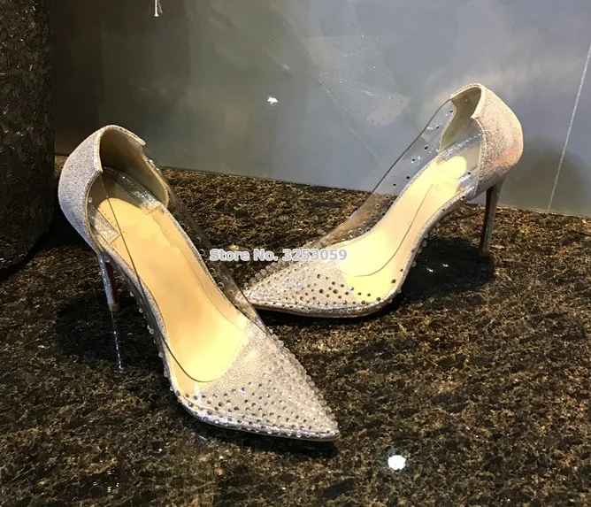 ALMUDENA Clear PVC Bling Bling Crystal Wedding Shoes Stiletto Heels Pointed Toe Silver Patchwork Shallow Glittering Pumps Women