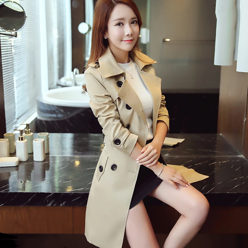 

Spring and Autumn Medium Long Windbreaker Plus Size S-6XL Trench Coat Solid Double Breasted Thin Outwear RE2289