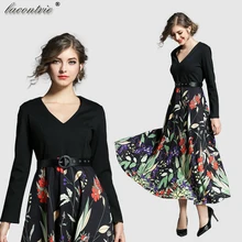 2018 Spring Fashion Women Stitching Printed A-Line dress Elegant V-neck long-sleeved Decorative belt Mid-Calf Trumpet dresses