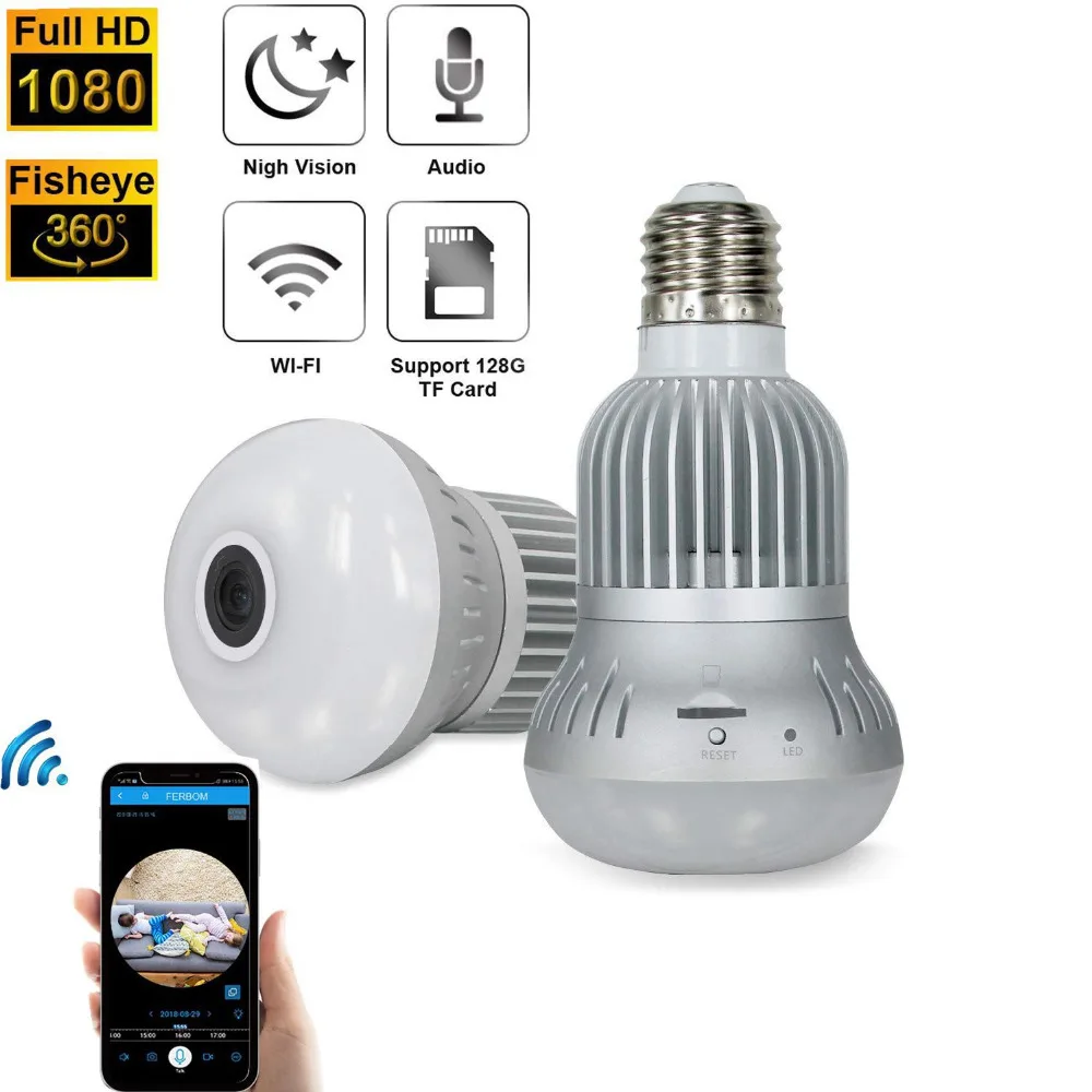 

1080P WiFi Light Camera, IP Security Surveillance System with IR Motion Detection, Night Vision Audio for Home/Office
