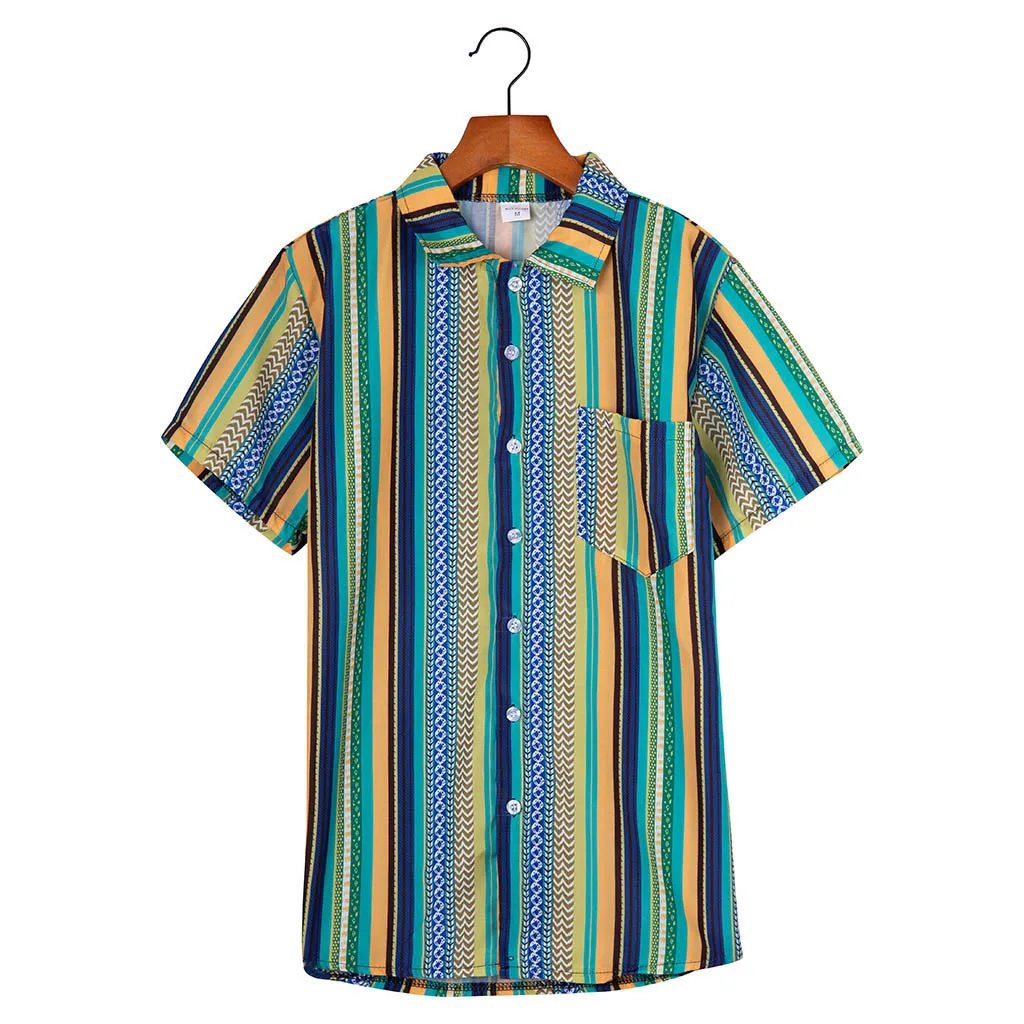 Womail الأزياء قمصان صيفية رجل العرقية المطبوعة موقف طوق الملونة مخطط قصيرة الأكمام فضفاضة هينلي قميص 2019 الوافدين الجدد