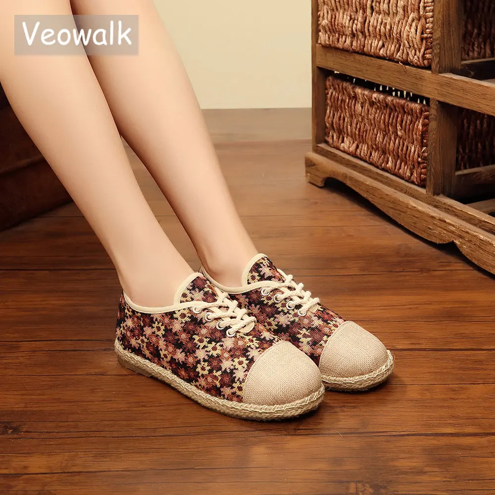 Veowalk Handmade Harajuku Fashion Floral Embroidered Women Canvas Shoes Lace-up Casual Cute Flat Shoes for Ladies Zapatos Mujer