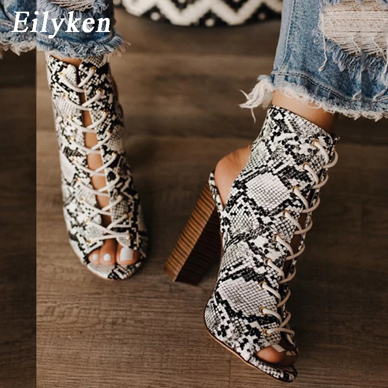 

Eilyken Snakeskin grain Women Boots Sandals Peep Toe heel Lace-Up Women Ankle Cross-tied Chelsea Boots size 35-42