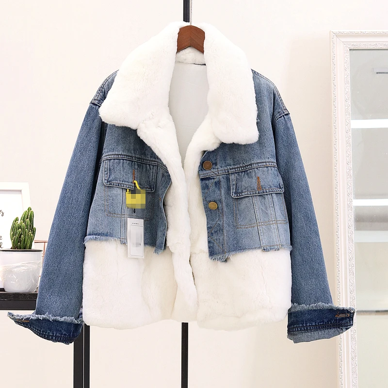 Winter Removable Fur Denim Jacket winter woman Coat Rabbit Fur Warm Parka Women Thick Jean Jacket Women Warm Windbreaker