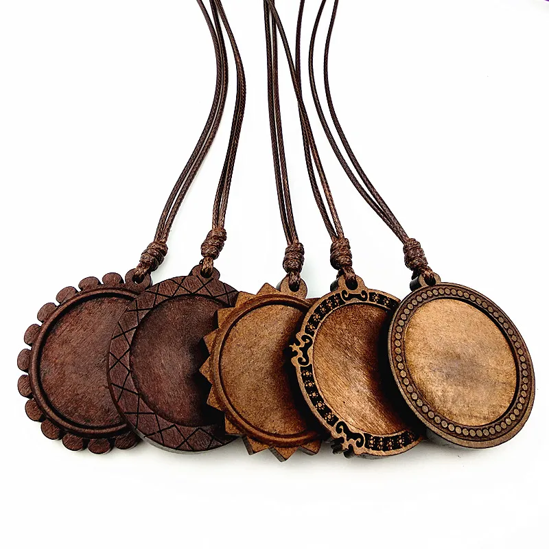 

Jiangzimei 24pcs Dark Brown Wood cabochon settings 30mm dia round blank wooden base with leather cord for DIY necklace making