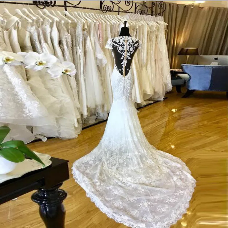 Реальное изображение Модные Vestido de noiva Короткие рукава Русалка Свадебные Вечерние платья с v-образным вырезом кружевное с открытой спиной аппликации для свадебных платьев