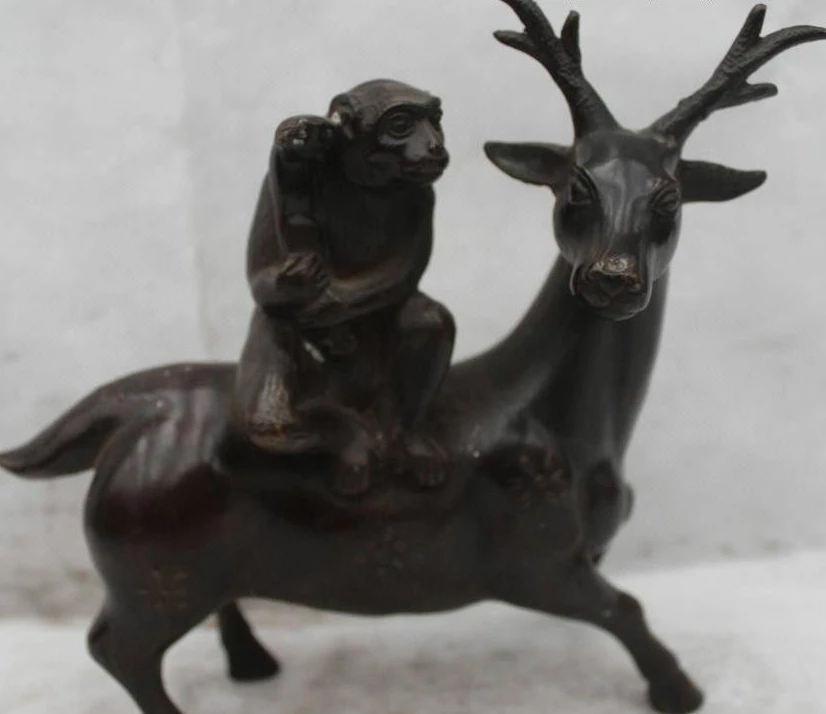 

8"Chinese Folk Bronze Lucky Money drawing Ru yi monkey Sit Deer Statue
