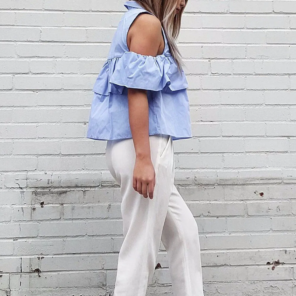 VESTLINDA Summer Women Off the Shoulder Ruffles Blouse Shirts Turn Down Collar Casual Sexy Tops Chemise Femme Work Office Blusas 11