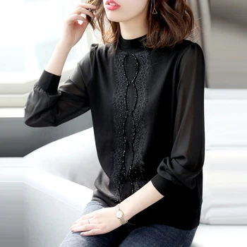 

Spring Fall Fashion Casual Women Turtleneck Long Sleeve Beading Lace Black Tee Shirt Blouse , Autumn Woman 3xl Stretch Tshirts