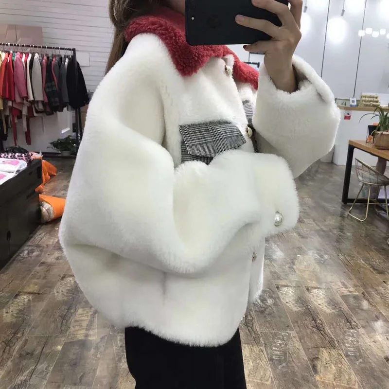 sheep fur coat female winter short jacket Pearl buttons and Cloth bag overcoat turn-down collar clothing Plus size wool blends