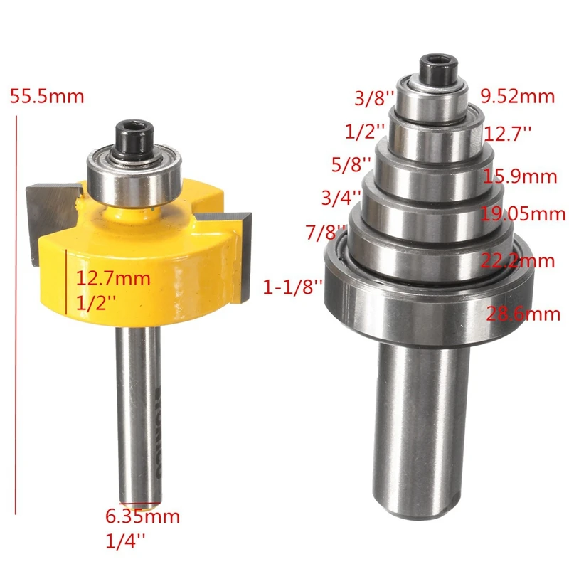1/2" or 1/4" Shank Wood Solid 1/2" H Rabbet Router Bits with 7 Bearings Set 1/2" or 1/4" Shank Wood Solid 1/2" H Rabbet Router Bits with 7 Bearings Set