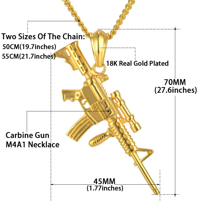 Хип-хоп военные украшения 4 размера Мужская цепочка карабин колье с кулонами в виде пистолетов подвески для мужчин черный/золотистый цвет ожерелье из нержавеющей стали