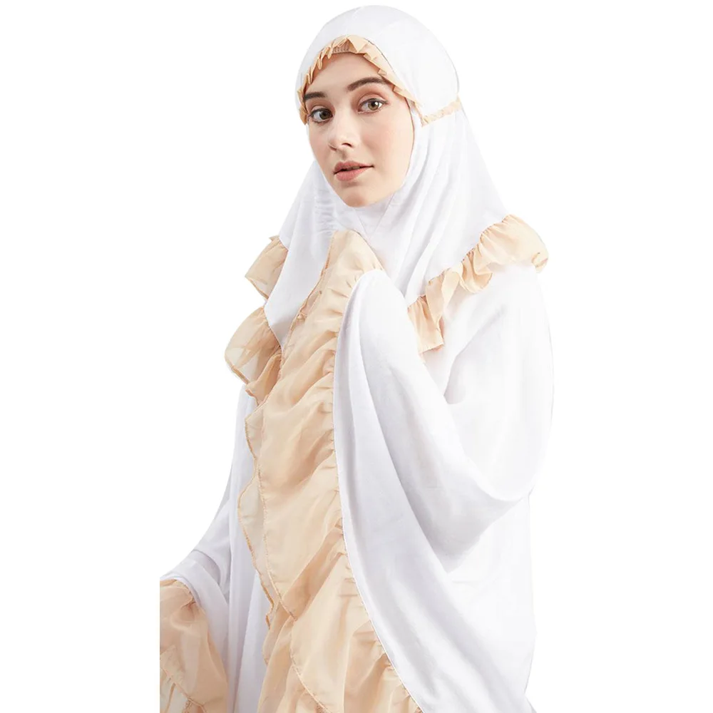 Muslim Worship Lady Thobe Gown Hijab Prayer Bat Sleeve Middle East Robe Islamic With Hood Abaya Praying Lace edge Hijab Dress