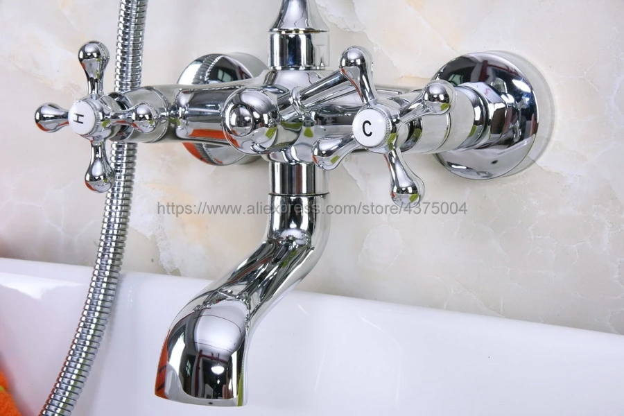 Wall Mounted Bathtub Faucet Double Handle Polished Chrome Mixer Tap Bath Shower Faucets With Hand Shower Nna188