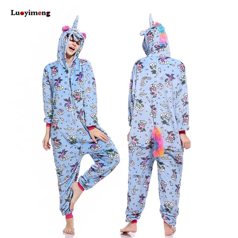 Зимние женские пижамы в виде животных, Ститч, единорог, одежда для сна, Onesie, единорог, пижама, наборы, кугуруми, для мужчин, взрослых, фланелевая ночная рубашка с пандой - Цвет: blue-pegasus