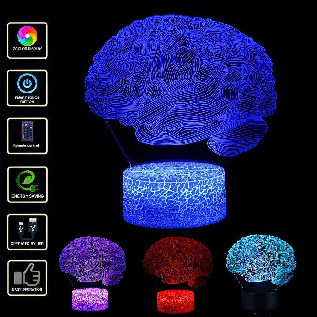 СВЕТОДИОДНЫЙ 3D светильник в виде головного мозга, креативный 3D Визуальный оптический иллюзионный светильник для детской спальни, настольный ночник, 7 цветов, меняющий 3d светильник, светильники