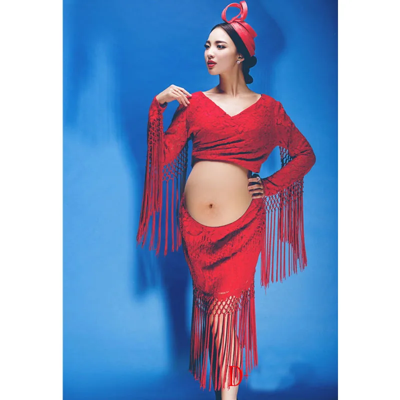 Платье для беременных с кисточками, комплект для фотосессии, платья для беременных - Цвет: Красный