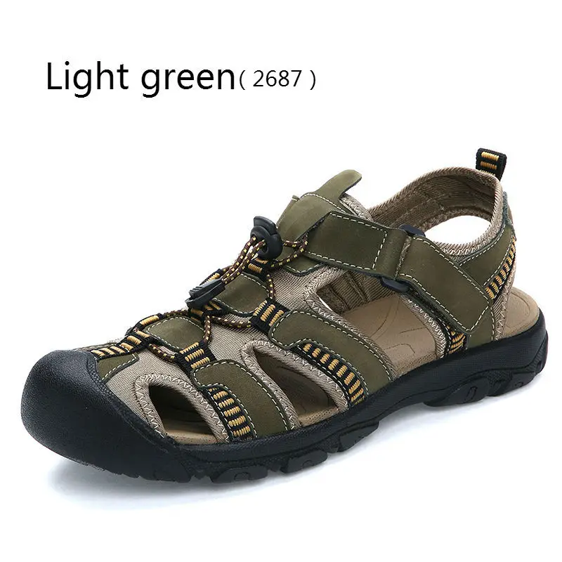 BIMUDUIYU; фирменные мужские сандалии; Повседневная обувь из натуральной кожи на мягкой подошве; качественная летняя пляжная обувь; универсальная обувь; большие размеры - Цвет: Light green