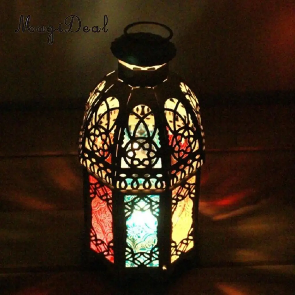 Moroccan Vintage Metal Hollow Glass Moroccan Hanging Tea Light Holder Candle Lantern Xmas Decor