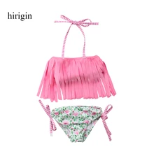 Купальник из двух предметов для маленьких девочек; розовый купальник с кисточками и цветами; купальник с бретельками; костюм; пляжная одежда для детей; Одежда для девочек