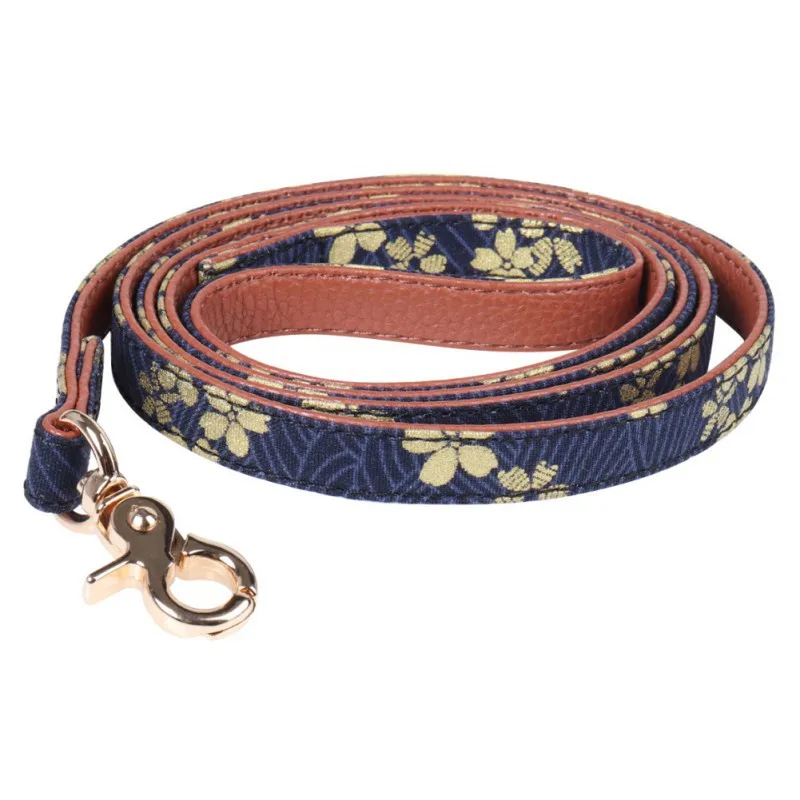 Floral Leashes Dark Blue Dogs Collars Leashes Scarf Japanese Style Bow