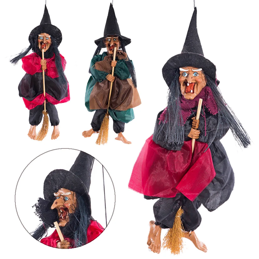 

2019 New Riding A Broom Witch Pendant Voice Control Halloween Props Ride Broom Witch Hanging Decoration With Sound And Red Light