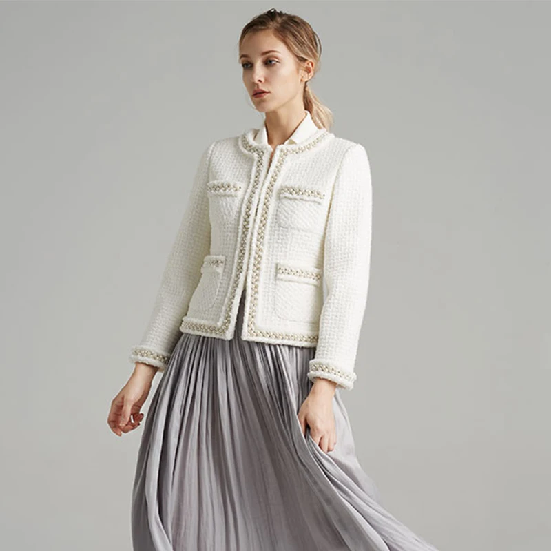 Mode Tissage Classique Luxe Manteau Slim De Vestes Elagant Printemps Top Perles Angleterre Lady Style Survêtement Blanc VjSzpqLUMG