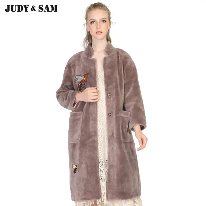 

Oversize Shearling Lam Fur Coat for Women Fashion Embroidery Real Fur Outwear for Ladies