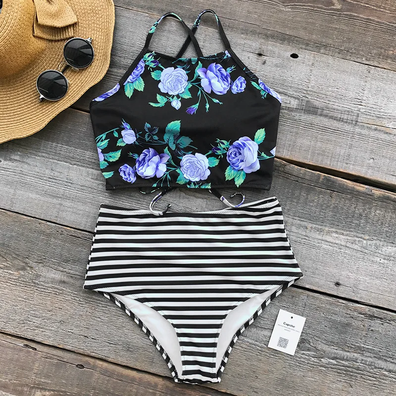 Preise CUPSHE Blüte In Die Traum High taille Bikini Set Hohe taille Badeanzug Badeanzug Brazilian Biquini Monokini Maillot de Bain