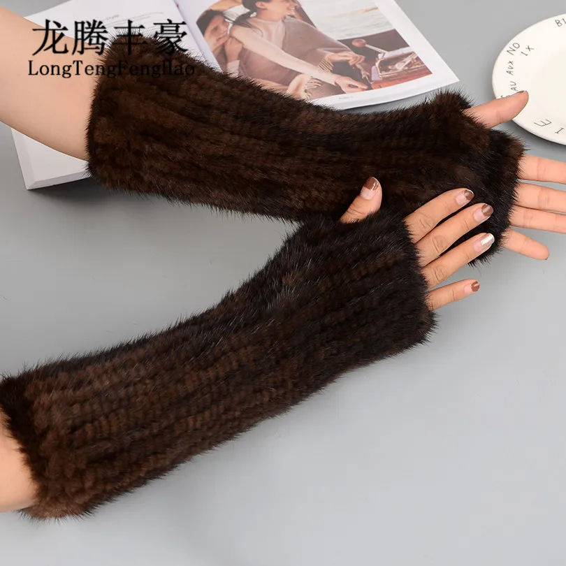 US $31.54 30cm Knitted Gloves Women Mink Fur Gloves Female Warm Long Gloves 100 Fur Mittens Winter Thick Solid Gloves Fingerless