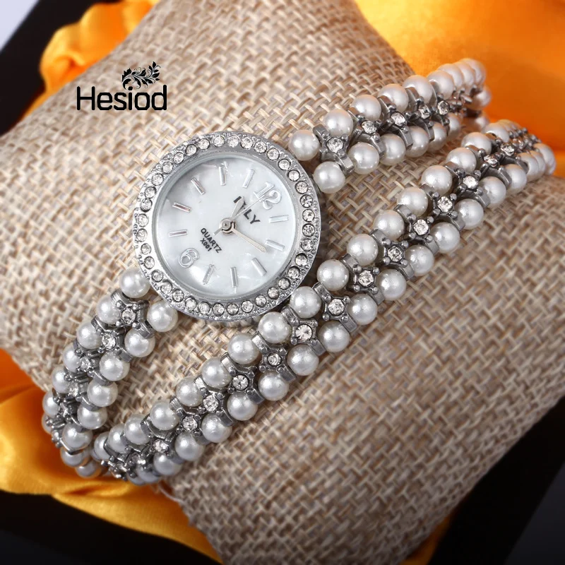 Hesiod роскошные золотые серебряные имитация жемчуга маленький круглый циферблат браслет часы для женщин
