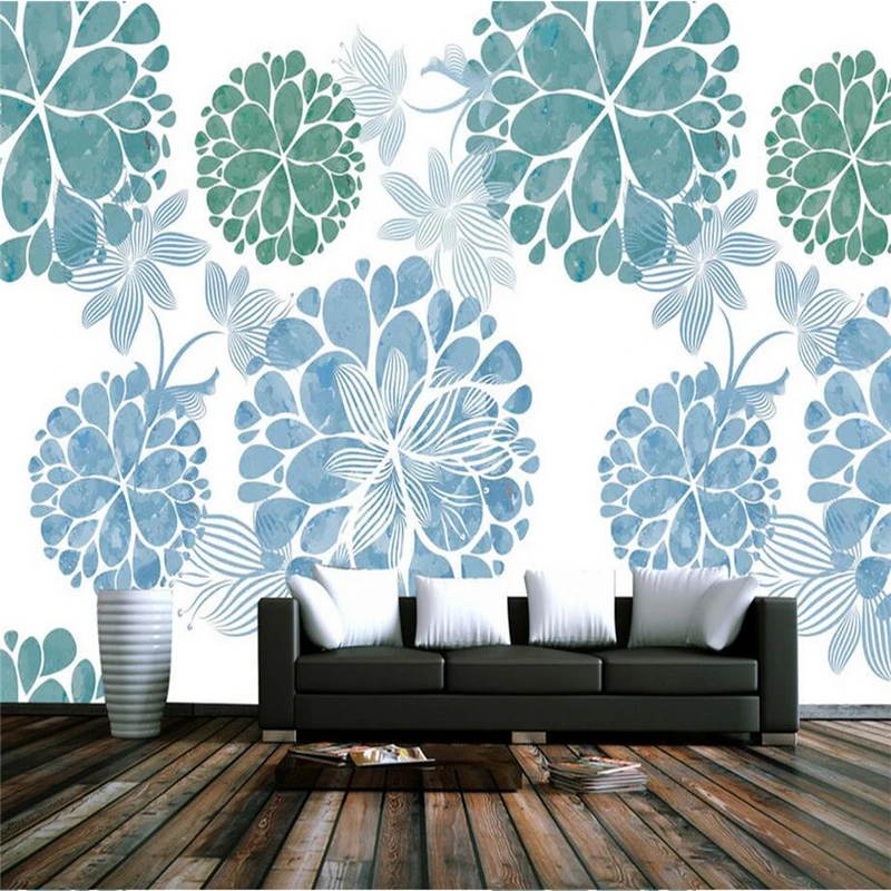 Hand Painted Wallpapers Photo Murals Blue Floral Wallpaper Roll White Simple Wallpapers for