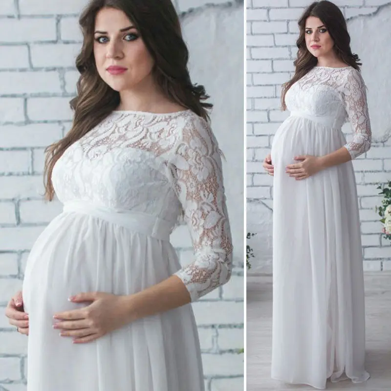 New& Beautiful Maternity Women Evening Dress Pleated Maxi Pregnancy Baby Shower Wedding Gown - Цвет: Белый