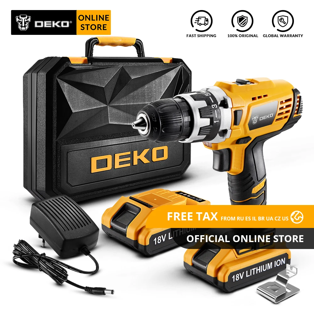 

Original DEKO GCD18DU2 18V Cordless Drill Electric Screwdriver Lithium-Ion Mini Power Driver Variable Speed 2 Battery X Box