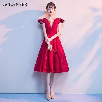 

JANCEMBER Short Prom Dresses Lace Red Simple Deep V Neck Tea Length Beaded Elegant Formal Prom Dresses 2019 gala jurken