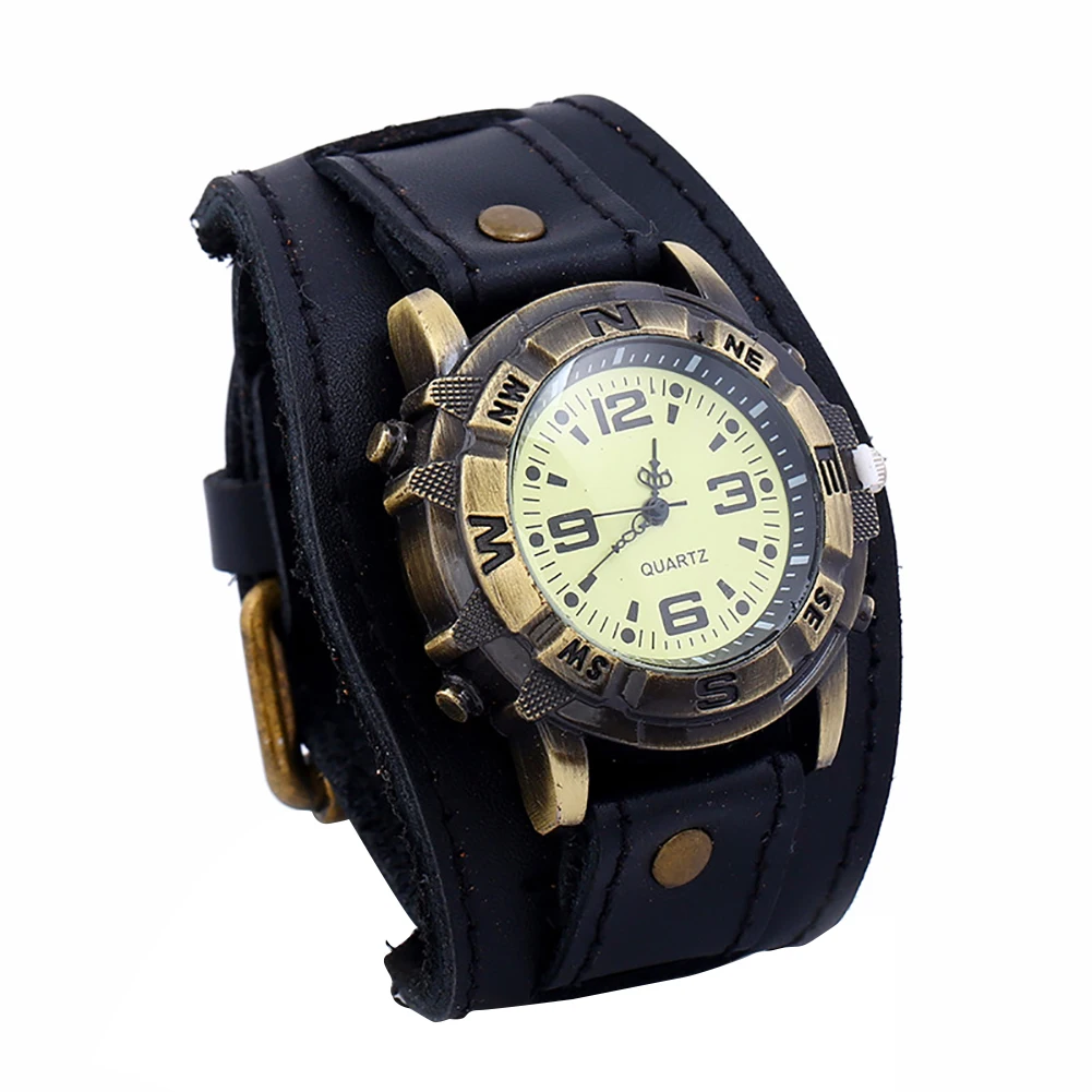 Винтаж для женщин мужчин Панк искусственная кожа круглый циферблат кварцевые браслет наручные часы relogio masculino de luxo - Цвет: Черный