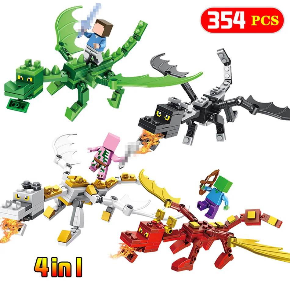 

4 In 1 Steve Alex With Dragons Compatible Legoing Minecrafted Figure Model Building Blocks Brick Toys Set Gift