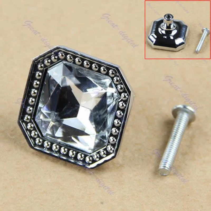 Square Crystal Glass Cabinet Knob Cupboard Drawer Door Wardrobe Pull Handle Furniture Handle & Knob