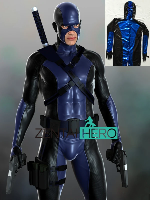 Free Shipping DHL Wholesale Cool Full Body Shiny Metallic Black Blue Zentai Super Hero Suits Open Eyes Mouth Halloween Costume (1)