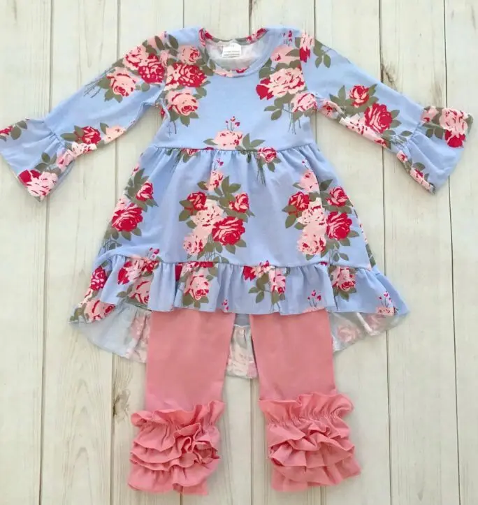 

New Winter/Spring 2 Pieces rose flower print baby girls children outfits solid ruffle pants hot sell boutique clothing sets