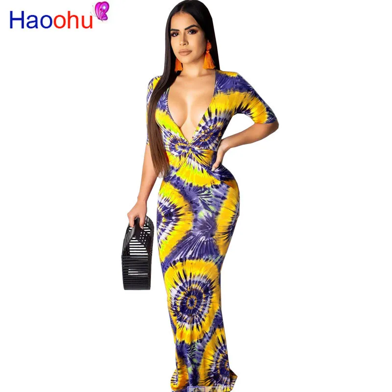 

HAOOHU Bohemia Print Sexy Maxi Dress Robe Vestidos Fashion Short Sleeve Deep-V Neck Summer Beach Club Party Womens Long Dresses