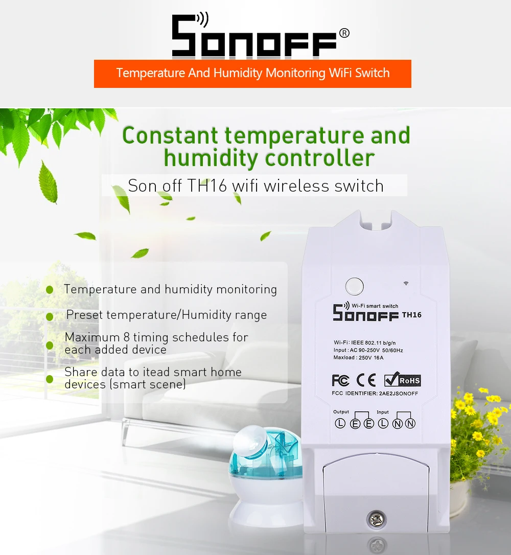 SONOFF TH16 Wi-Fi переключатель 16A с датчиком водонепроницаемый беспроводной датчик температуры и влажности измерение Умный Google Home Alexa